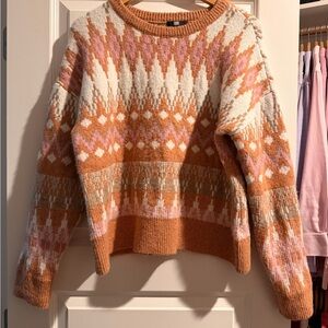 Frye Nordic Cozy Soft Sweater in a rust, cream, and pink patter